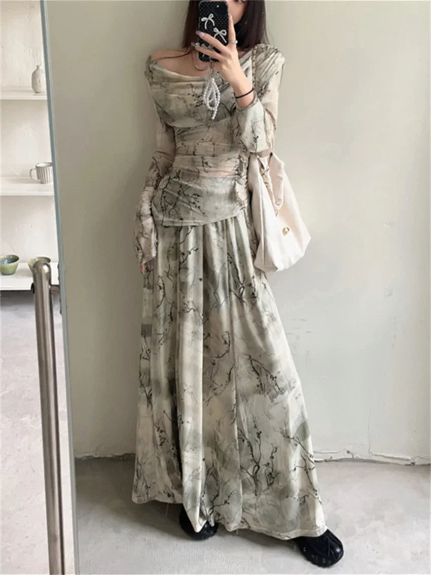 liwuka Elegant Slash Neck Blouses Women Tie-Dying Long Skirts 2024 Gentle Elegant Office Lady Spring Printed Florals Suits