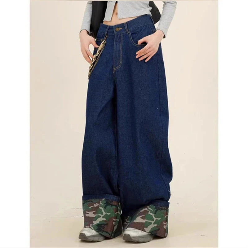 liwuka Women's Splicing Camouflage Rolled Edge Jeans Street Girl Bottoms Wide Legs Pants Female Fashion Blue Denim Trousers