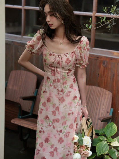 liwuka French Vintage Floral Printed Midi Dresses for Women Summer Puff Sleeve Square Collar Slim Party Dress Casual One Piece Vestido