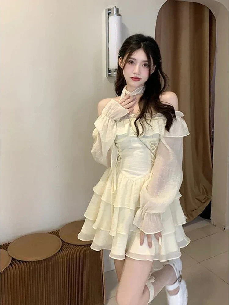 liwuka Long Sleeve Elegant Mini Dress Lolita Pure Color Short Party Dress Woman Casual Spring Sweet One Piece Dress Korean Fashion