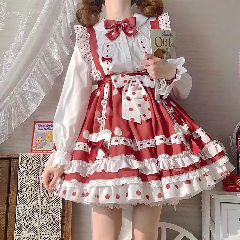 JSK Lolita Dress Victorian Princess Polka Dot Red Kawaii Sleeveless Strap Soft Girly Baby Doll Dresses Kawaii Clothing