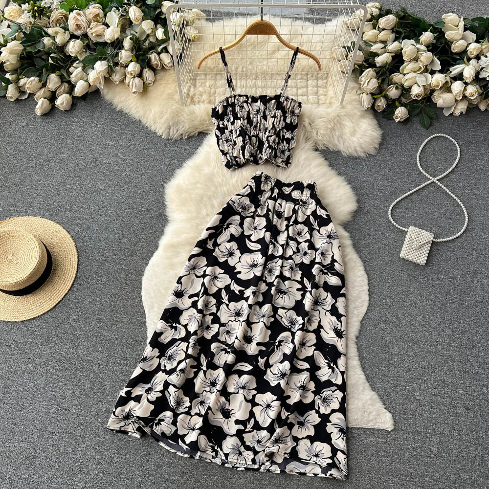 liwuka Women Dress Set New Summer Vacation Fashion Floral Print Straps Crop Tops + Long Skirts Outfits Beach 2Pcs Suits