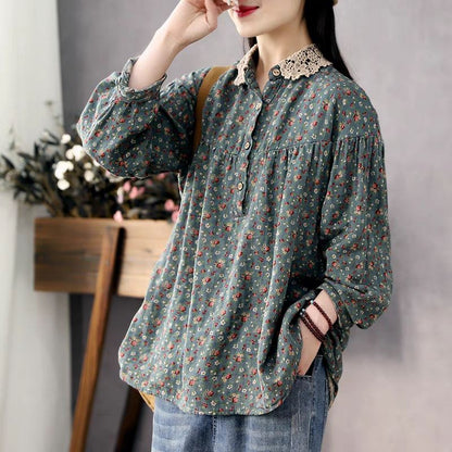 liwuka Women Long Sleeve Casual Shirts New Spring Vintage Style Lace Collar Floral Print Loose Female Cotton Tops Shirt D147