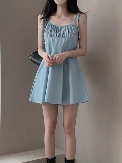 liwuka Summer Japanese Sweet Chic Strap Mini Dress Women French Vintage Sleeveless Shirring Shorts Dresses Korean style Casual Clothes