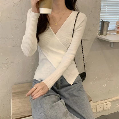 liwuka Autumn Winter Knitwear Tops Fashion Female Long Sleeve Skinny Elastic Casual V-neck Knitted Shirts Women Pullover Sweaters