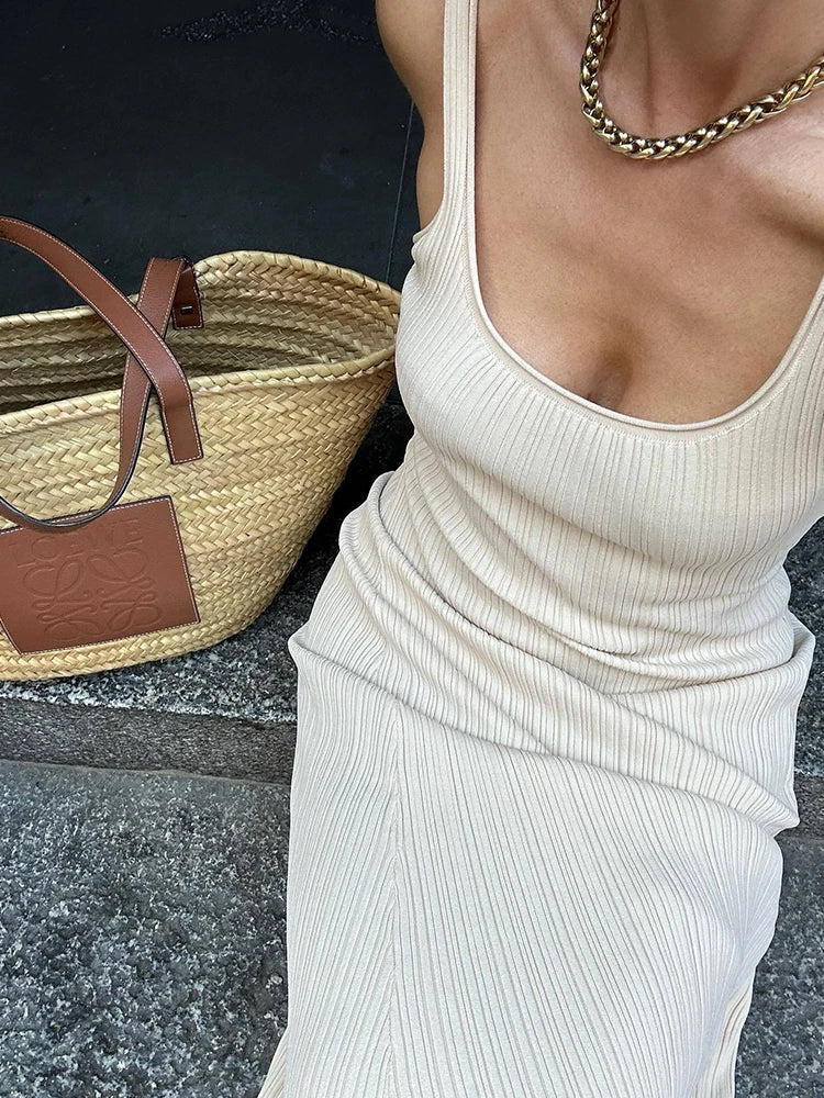 liwuka Summer Ribbed Knit Maxi Dress Women Slim Pullover Sleeveless Knitwear Fashion Long Dress Solid Basic Elegant Fashion