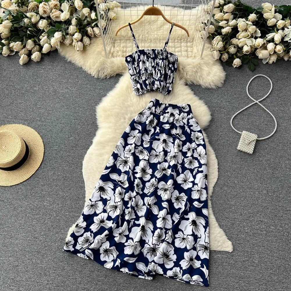 liwuka Women Dress Set New Summer Vacation Fashion Floral Print Straps Crop Tops + Long Skirts Outfits Beach 2Pcs Suits