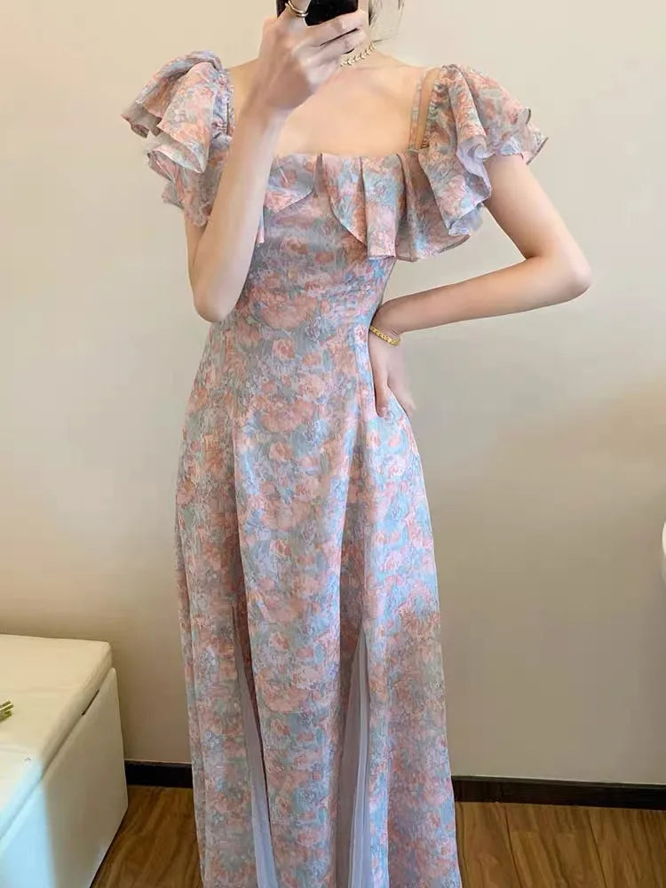 liwuka Floral Dress Women Off Shoulder Vintage French Elegant Sexy Spliced Lady Summer Gentle Slim Temper Платье Женское Sweet Designer