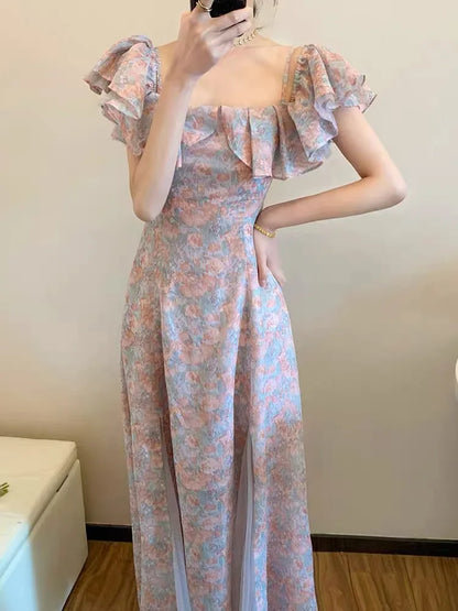 liwuka Floral Dress Women Off Shoulder Vintage French Elegant Sexy Spliced Lady Summer Gentle Slim Temper Платье Женское Sweet Designer