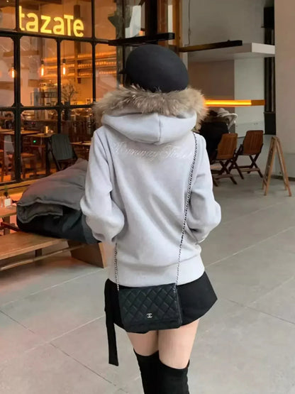 liwuka Vintage Faux Fur Collar Cropped Hoodies Women Streetwear Y2k Zip Up Hooded Sweatshirts Grunge Harajuku Long Sleeve Tops