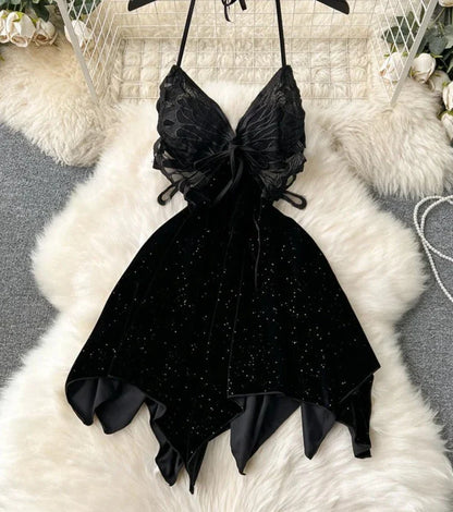 liwuka Female Backless Sexy Dress Fashion Halter Lace up Design Women Embroidery Butterfly Slim Short Irregular Velvt Dress