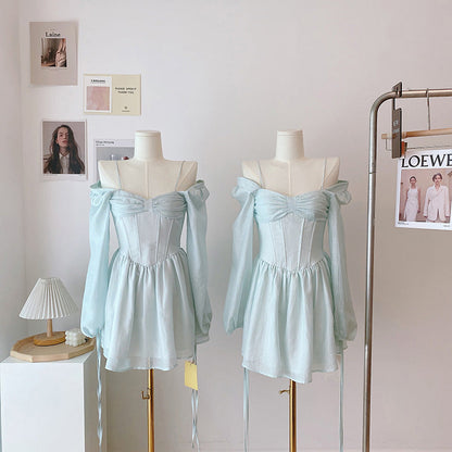 liwuka Long Sleeve Dress Female Blue Sweet A-Line Summer High Waist Vintage Slim Fairy Dress Princess Dress Sundress Beachwear Holiday Fairy Dress