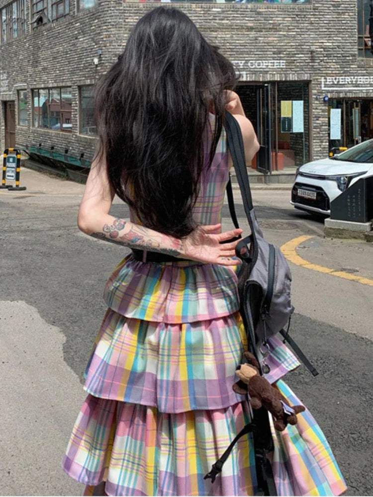 liwuka Summer Japanese Kawaii Plaid Dress Women Casual Sleeveless Even Party Y2k Korean Fashion Lolita Style Vintage Cake Dress