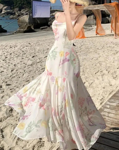 liwuka Elegant Backless Print Mermaid Party Dresses Summer Stylish Sexy Spaghetti Strap Holiday Beach Robe Women Package Hip Dress