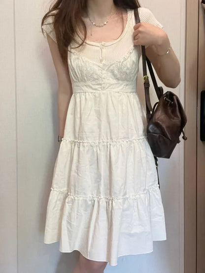 liwuka Casual Women White Front Buttons Lace Spliced Sling Dress Summer Vintage Square Collar Sleeveless Female Chic Bottoms