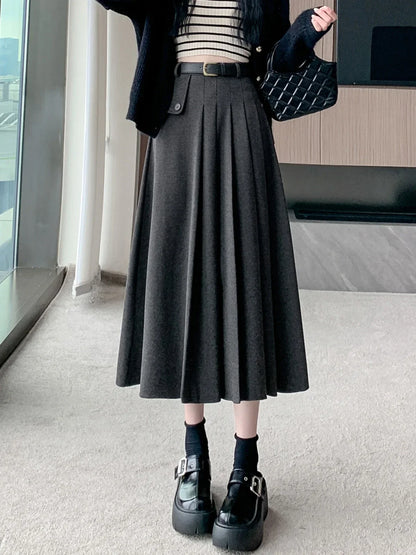 liwuka Women's A-line Black Pleated Skirt Vintage 90s Aesthetic Y2k Grey Long Skirt Harajuku Korean Skirts 2000s Clothes 2024