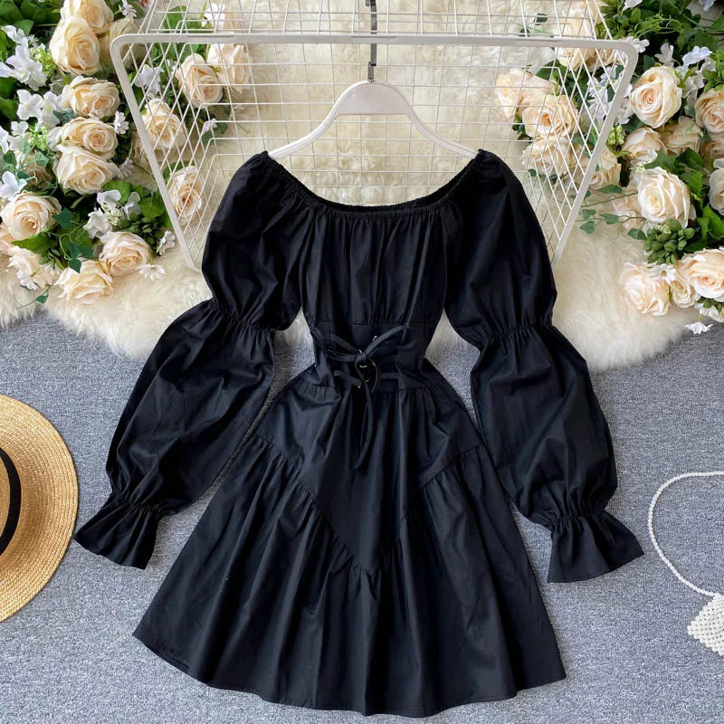 liwuka Autumn Dress Elegant Gothic Women White Black Bandage Mini Dress Sexy Off Shoulder Long Sleeve Korean Party Vestidos