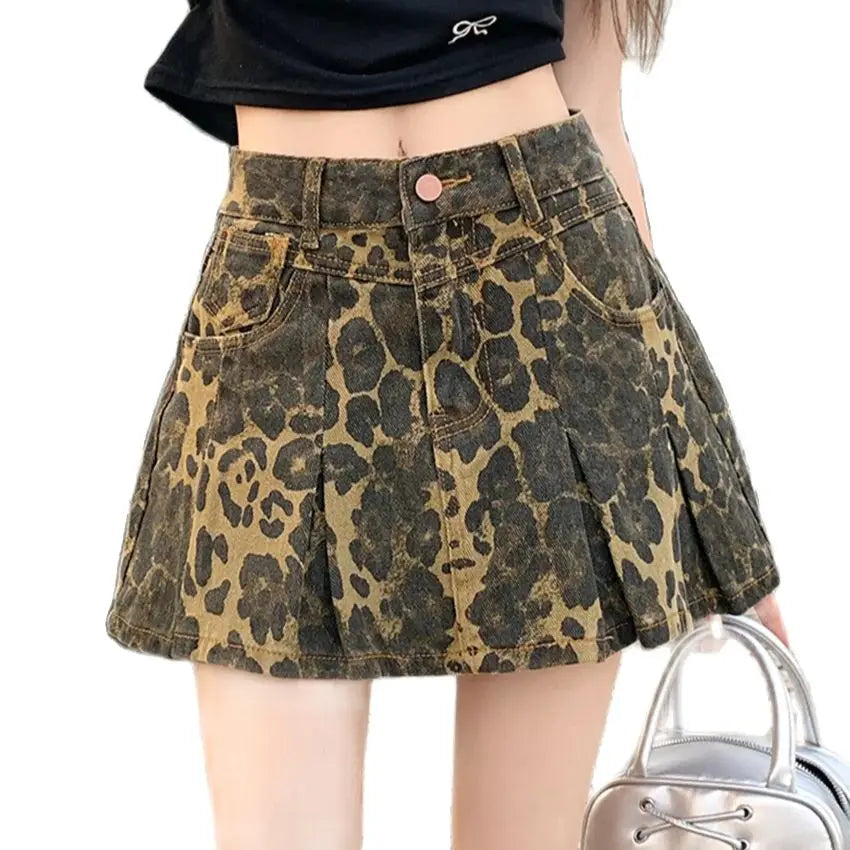 liwuka  2024 A-line Pletaed Mini Skirts Women Chic Casual Denim High Waist Printed Vintage Daily New Slim Summer Office Lady