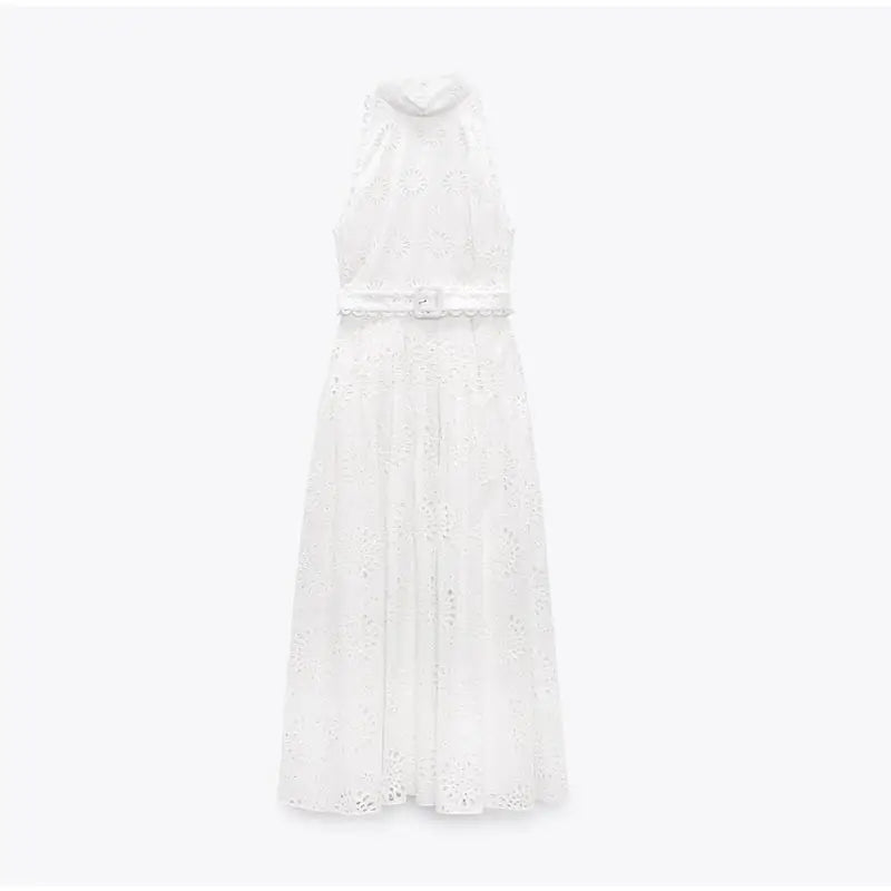 liwuka Elegant Hollow Out Sleeveless White Dress Women Fashion Loose O Neck Midi Dresses 2023 Summer Casual Chic Female Party Vestidos