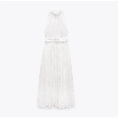 liwuka Elegant Hollow Out Sleeveless White Dress Women Fashion Loose O Neck Midi Dresses 2023 Summer Casual Chic Female Party Vestidos