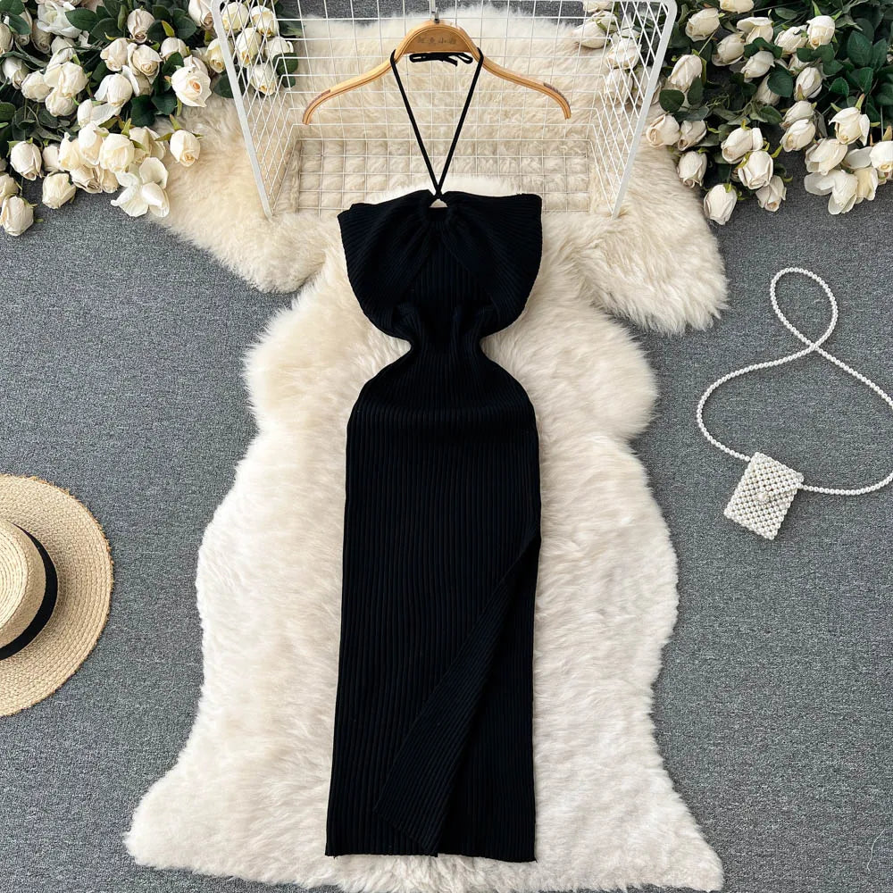 liwuka Chic Fashion Sexy Package Hips Split Knitted Summer Dress Women Slim Elastic Bodycon Party Dress Streetwear Outfits