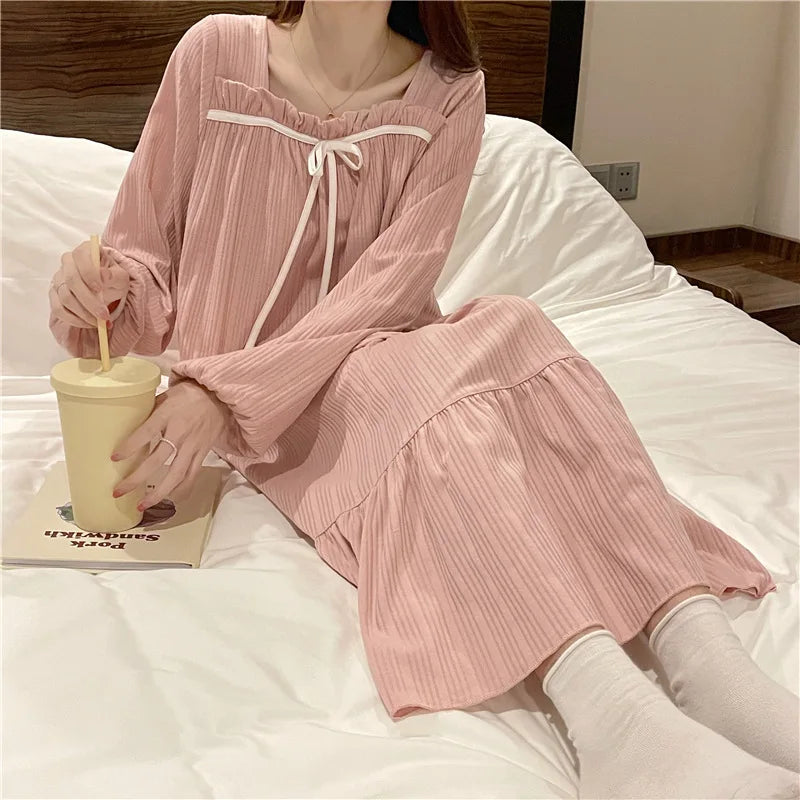 liwuka Long-Sleeved Nightgown Female Spring And Autumn Summer Students Princess Wind Big Size Dress Nightgown Pajamas Homewear