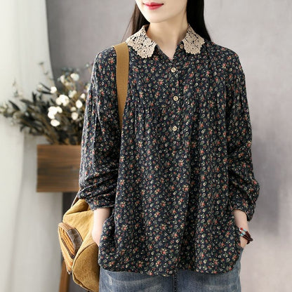 liwuka Women Long Sleeve Casual Shirts New Spring Vintage Style Lace Collar Floral Print Loose Female Cotton Tops Shirt D147