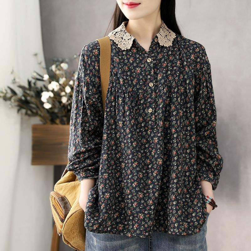 liwuka Women Long Sleeve Casual Shirts New Spring Vintage Style Lace Collar Floral Print Loose Female Cotton Tops Shirt D147