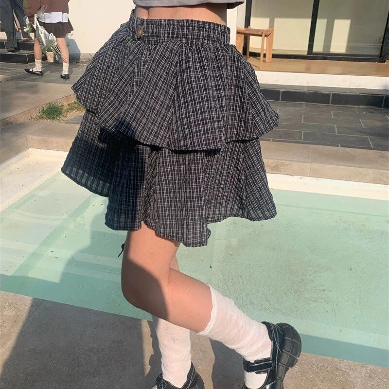 liwuka Ruffle Plaid Mini Skirt Women Kawaii Preppy Style Short Skirts Layered Sweet Cute Korean Fashion Casual Street Skirt