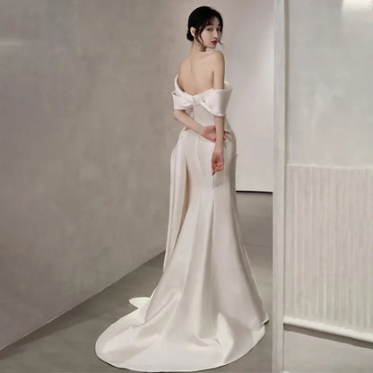 liwuka Off-The-Shoulder Satin High Split Twist Front Train Dresses For Wedding