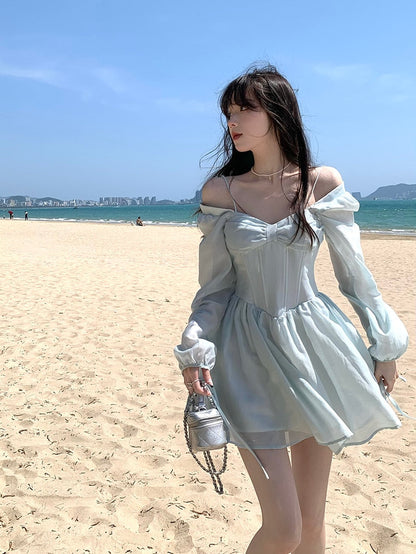 liwuka Long Sleeve Dress Female Blue Sweet A-Line Summer High Waist Vintage Slim Fairy Dress Princess Dress Sundress Beachwear Holiday Fairy Dress