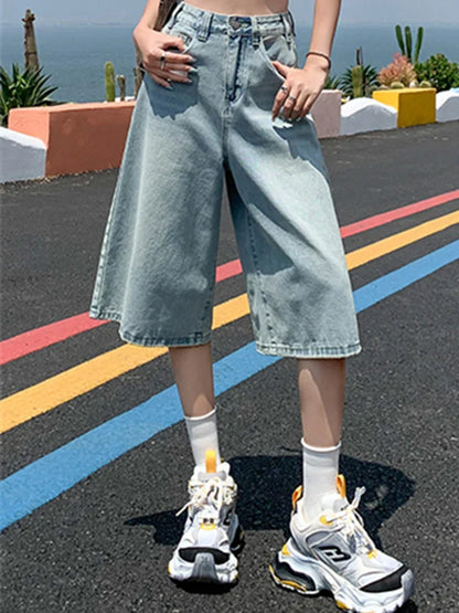 liwuka Female Summer American Vintage Baggy Denim Cropped Pants Woman High Waist Washed Wide Leg Jeans Light Blue Loose A Line Shorts