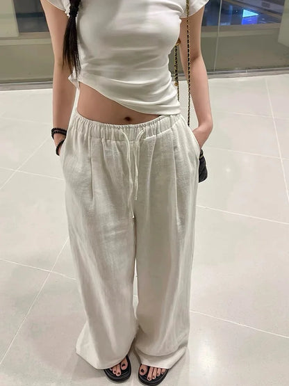 liwuka Wide Leg White Linen Pants Woman Casual Basic Summer 2024 Oversize Female Straight Trousers Baggy Elastic Waist Pants