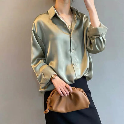 liwuka Women Silk Shirt New Vintage Fashion Solid Button Up Long Sleeves Blouse Tops Female Summer Casual Loose Office Lady Shirts