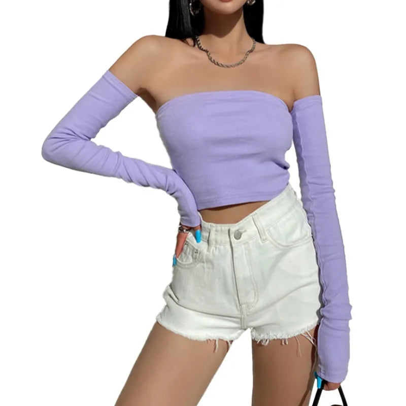 liwuka Female Crop Tops T-shirts, Solid Color Boat Neck Off Shoulder Sexy Tops Pullover with Long Sleeves for Summer Club Wear