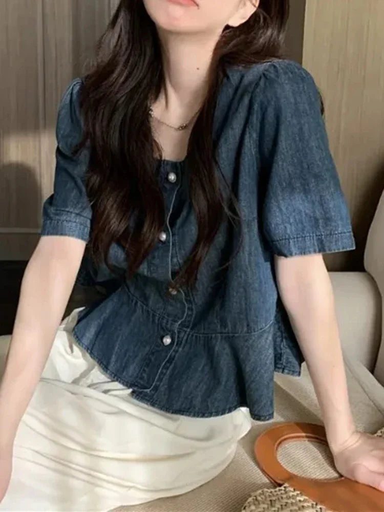 liwuka New French Fashion Women's Retro Blue Square Neck Denim Shirt Casual Loose Short Women Short Sleeved Summer Cardigan Top