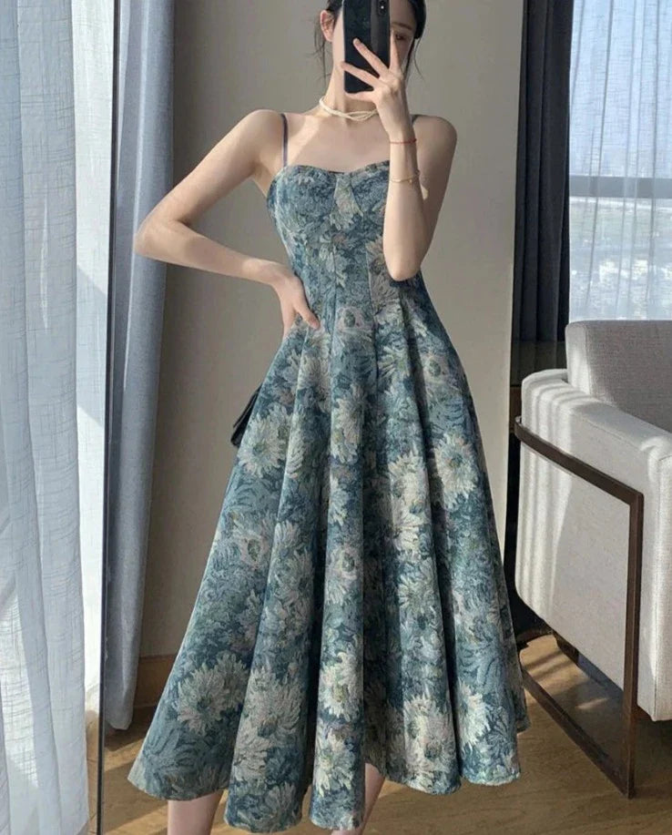 liwuka Summer Long Dresses Women Vintage Prints Elegant French Temper Midi Dress Stylish Partywear Sexy Ladies Sleeveless Ropa Mujer