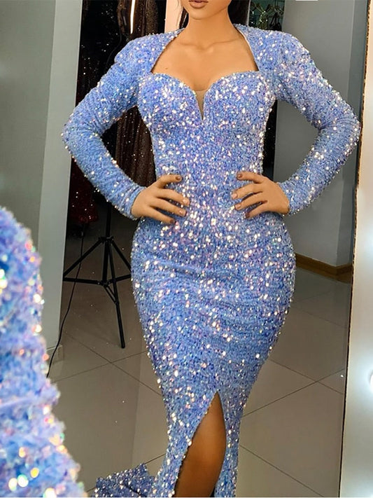 liwuka  Sky Blue Long Sleeve Mermaid Wedding Gown Shiny Sequin Stretchy Velvet Slit Leg Evening Maxi Prom Dresses Winter