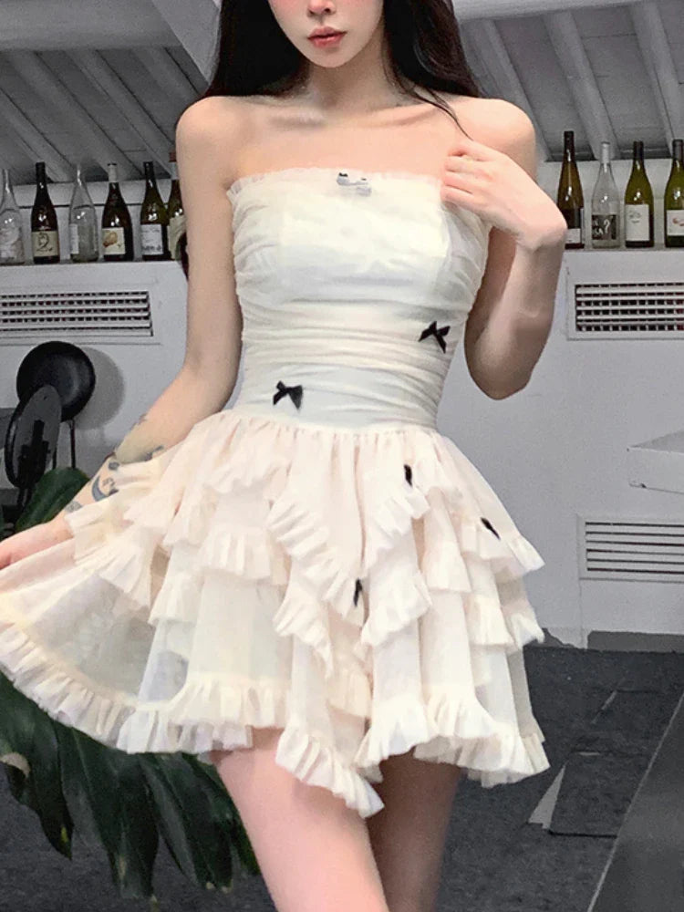 liwuka Summer Apricot France Elegant Dress Women Bow Y2k Party Mini Dress Female Backless  Korean Fashion Designer Cake Dress New