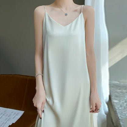 liwuka Silk High-Grade Dress New Spring/Summer Sleeveless V-Neck Dress Vest Slip Skirt Silk White With High-Grade Temperament