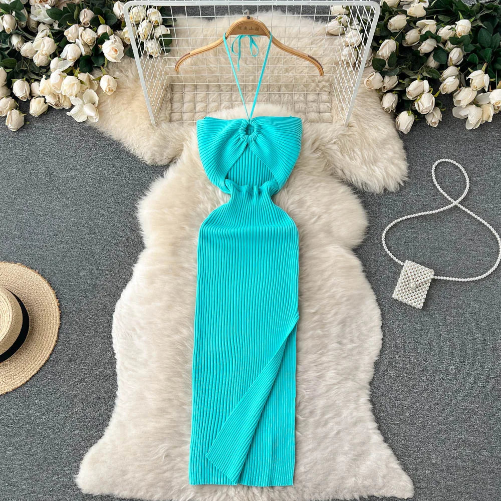 liwuka Chic Fashion Sexy Package Hips Split Knitted Summer Dress Women Slim Elastic Bodycon Party Dress Streetwear Outfits