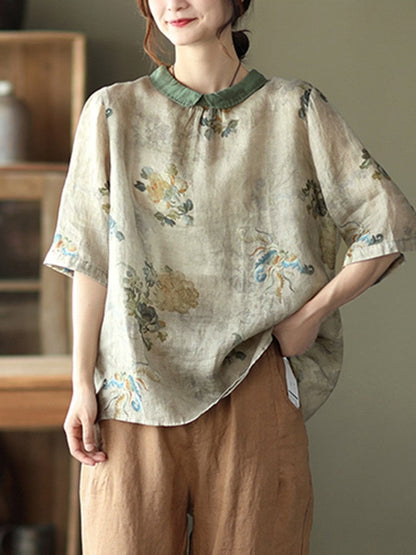 liwuka Women Summer Casual Shirts New Vintage Style Floral Print Loose Comfortable Cotton Linen Female Half Sleeve Tops