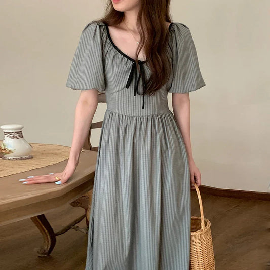 liwuka Korean Summer Vintage V-neck Vestidos Lace-up Bow Contrast Plaid Robe Short Sleeve Slim Waist Loose Midi Dress for Women