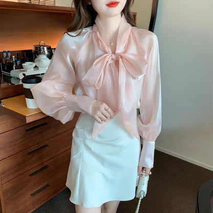 liwuka Korean Style Shirt Female Big Bow Tie Blouse Retro Lantern Long-Sleeved Elegant Blouses Women Spring New Pink Organza Tops