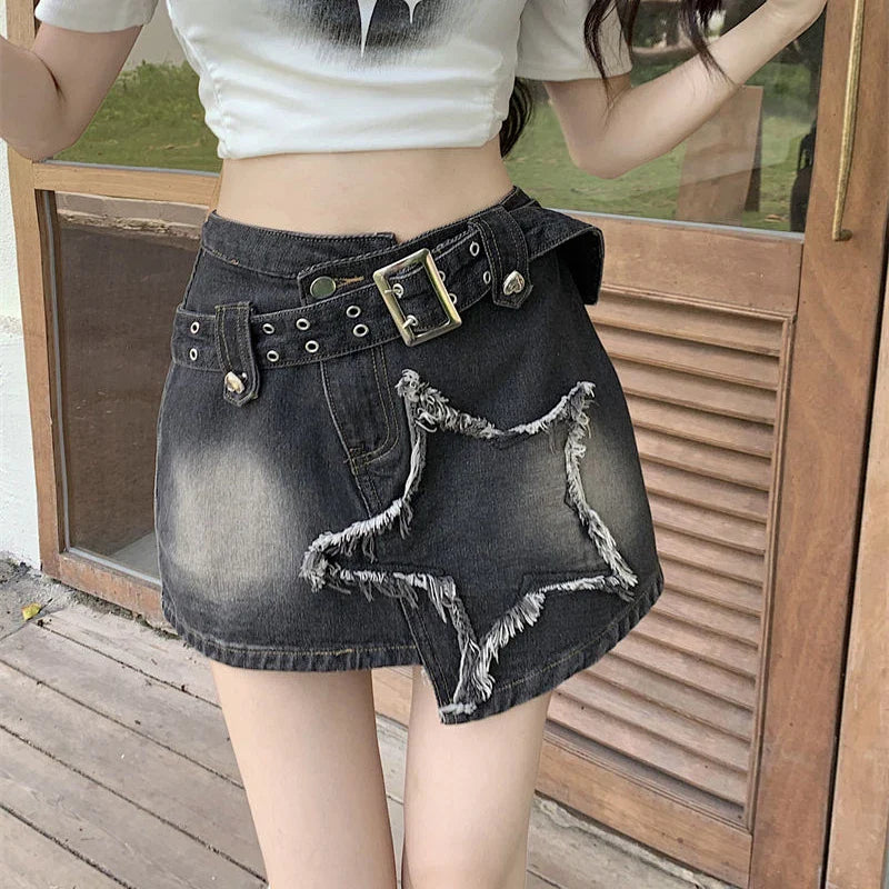 liwuka Denim Women Skirt Shorts Vintage Black Y2k Sexy Gothic Mini Skirts Streetwear Irregular Aesthetics Belt Retro Skirts