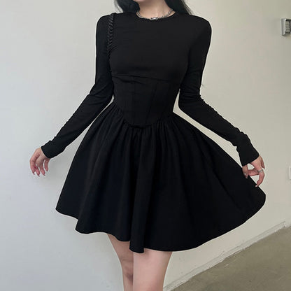 liwuka Basic Solid Slim A-Line Dress Autumn Winter Casual O-Neck Long Sleeve Pleated Mini Dresses For Women Lady Underwear