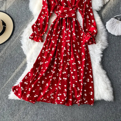 liwuka Korean Fashion Cherry Print Women Dress 2023 New Autumn Vintage Bandage Slim Waist Long Dress Elegant Party Vestidos