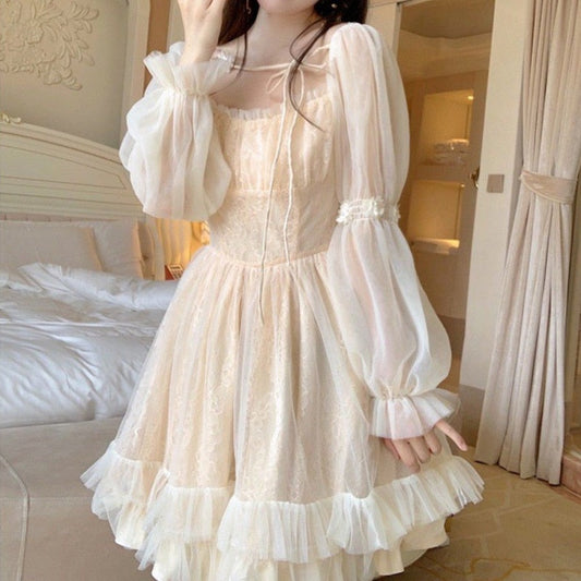 Sweet Puff Long Sleeve Princess Dress Vintage Square Collar A-line Ruffle Mesh Dress Elegant Bow Hollow Lace Dress Vestido