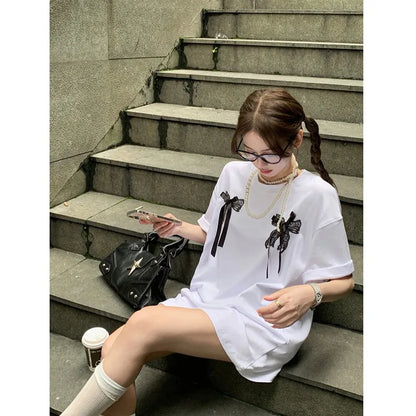 liwuka 2024 New Arrival Summer Women All-matched Casual Short Sleeve O-neck Tops Tees Korean Style Bow Print Loose Cotton T-shirt V978