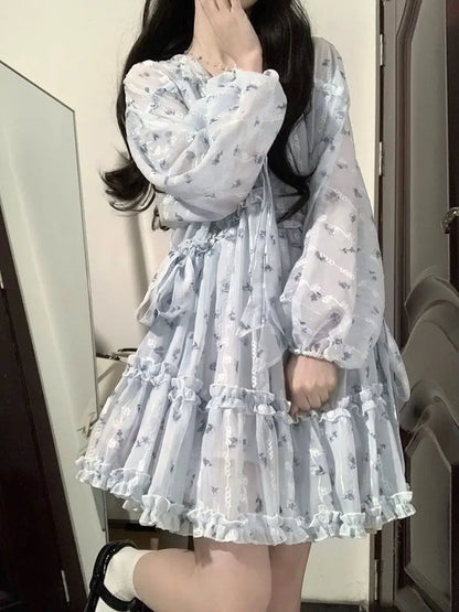 liwuka Fairycore Cute Floral Blue Lolita Dress Women Kawaii Japanese Style Sweet Ruffles Long Puff Sleeve Mini Dresses Autumn